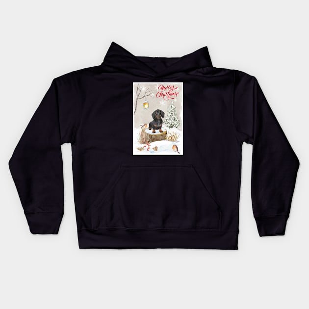 Black And Tan Dachshund Merry Christmas Santa Dog Kids Hoodie by Puppy Eyes